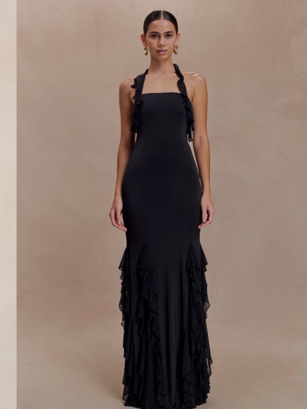 MESHKI Etta Ruffle Slinky Maxi Dress, Black, M - Picture 2 of 8
